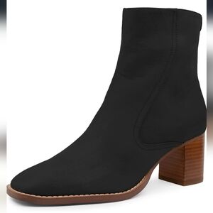 Coutgo Square Toe Chelsea Ankle Boots Stacked Block Heel Zip Up Black Size 10